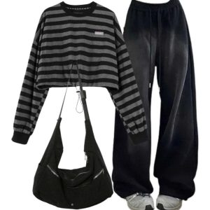 New Style Trends - Y2k Outfit: Baggy Y2K Grunge Sweatpants+Striped Drawstring Women's Sweatshirt+High Quality Nylon Shoulder Bag - Outfit Ideas