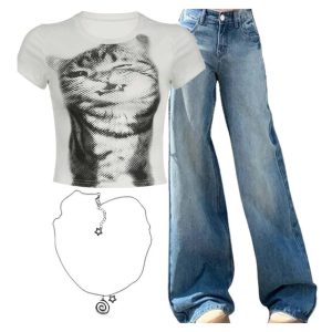 New Style Trends - Y2k Outfit: Pixelated Cat Graphic Crop Top+Light Wash Wide-Leg Denim+Vortex Charm Punk Necklaces - Outfit Ideas