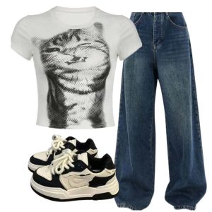 New Style Trends - Y2k Outfit: Pixelated Cat Graphic Crop Top+Oversized Dark Wash Wide-Leg Jeans+Pastel Dream Wave Sneakers - Outfit Ideas
