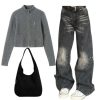 New Style Trends - Y2k Outfit: Ribbed Zip-Up Turtleneck Sweater+Washed Black Wide-Leg Jeans+Canvas Corduroy Large Handbag - Outfit Ideas