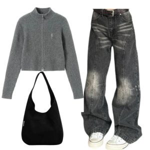 New Style Trends - Y2k Outfit: Ribbed Zip-Up Turtleneck Sweater+Washed Black Wide-Leg Jeans+Canvas Corduroy Large Handbag - Outfit Ideas