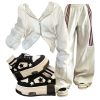 New Style Trends - Y2k Outfit: Striped Cargo Spring Pants+Korean Y2K White Zip Hoodie+Acubi Star Skateboard Y2k Shoes - Outfit Ideas
