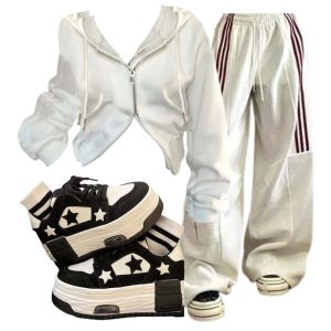 New Style Trends - Y2k Outfit: Striped Cargo Spring Pants+Korean Y2K White Zip Hoodie+Acubi Star Skateboard Y2k Shoes - Outfit Ideas