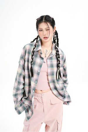 American Style Pleated Mixed-Color Checkered Shirt Jacket - Casual Long Sleeve Sun Protection Top for Versatile Outfits