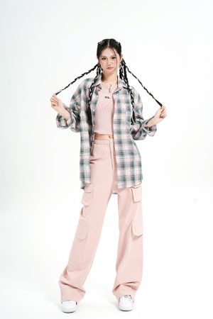 American Style Pleated Mixed-Color Checkered Shirt Jacket - Casual Long Sleeve Sun Protection Top for Versatile Outfits