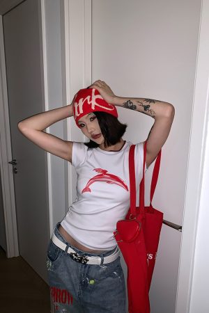 American Vintage Dolphin Round Neck T-Shirt for Women, Slim Fit, Tight-Fitting, Versatile Summer Short Sleeve Top, Y2K Style