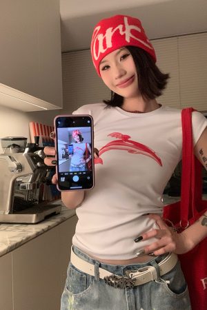 American Vintage Dolphin Round Neck T-Shirt for Women, Slim Fit, Tight-Fitting, Versatile Summer Short Sleeve Top, Y2K Style
