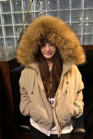 Autumn Winter Women's Vintage Hooded Cotton Jacket with Large Fur Collar, Thick Loose Short Coat, Casual Street Style Fashion