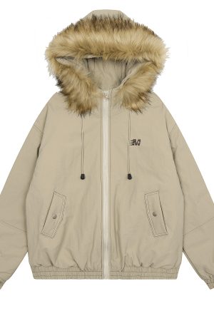 Autumn Winter Women's Vintage Hooded Cotton Jacket with Large Fur Collar, Thick Loose Short Coat, Casual Street Style Fashion