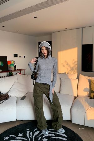 Hooded Long Sleeve T-Shirt for Women - Spring American Vintage Style, Slim Fit, Waist-Defining, Casual Fashion Top
